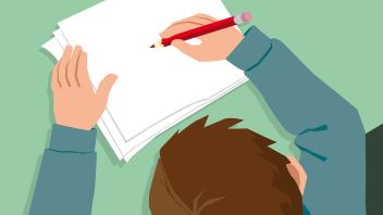 illustration of young boy starting to write on paper